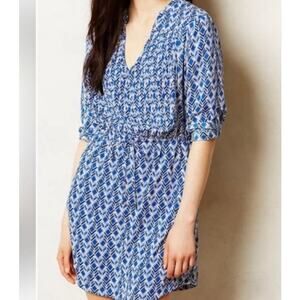 Anthropologie Maeve Galen Geometric Gathered Waist Dress Blue Small
